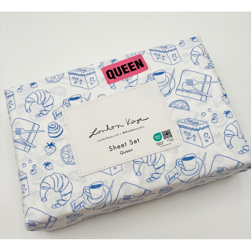 LONDON KAYE Parisian Pastry Blue and White QUEEN Sheet Set NEW‎